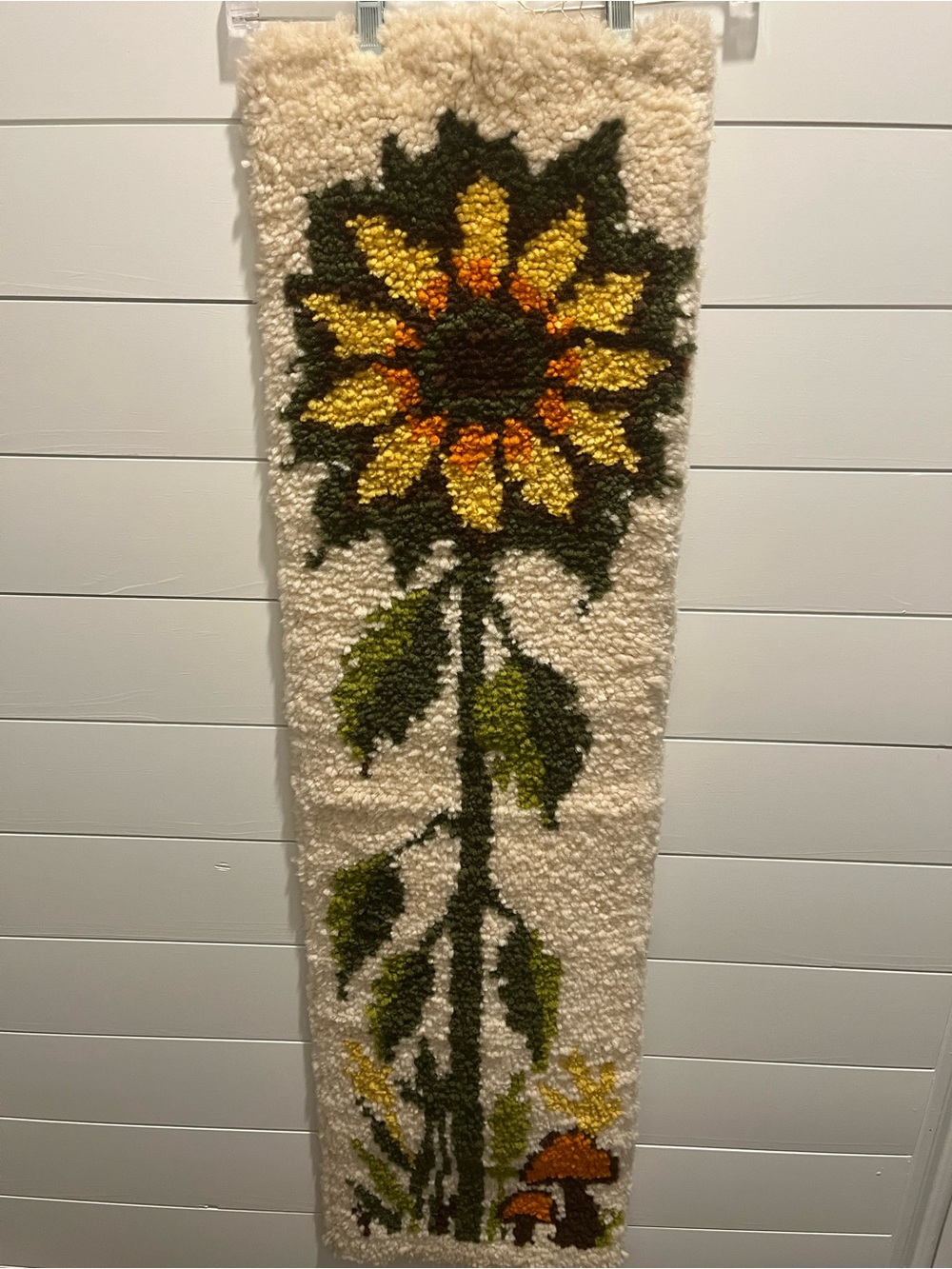 Vintage 70s Latch Hook Sunflower Mushroom Wall Hanging Banner Rug Retro MCM
